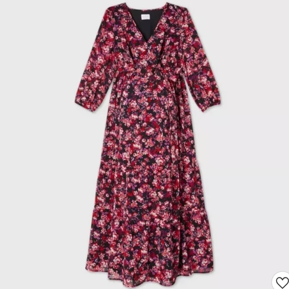 Isabel Maternity 3/4 Sleeve Tiered Rose Chiffon Maxi Dress Small